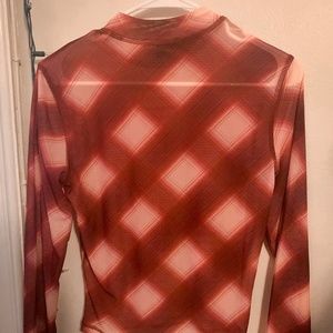 sheer checkered mock neck long sleeve top